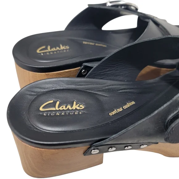 Clarks Sivanne Walk Wedge Sandal Black Leather Slip On Clog Slide Women’s 8.5 - Picture 12 of 17